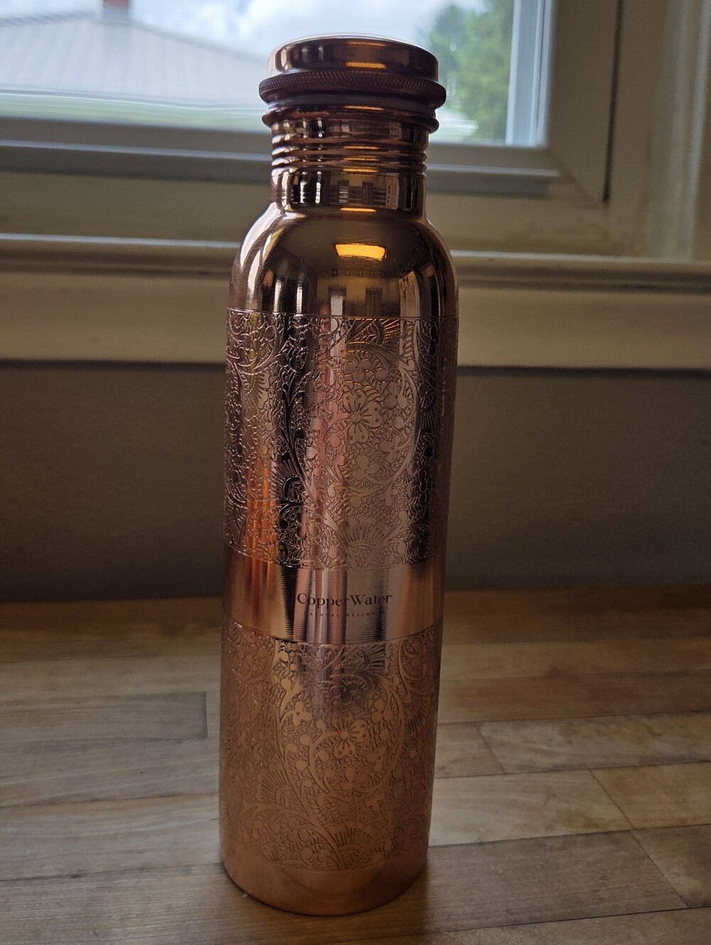 Copper Water Ayurvedic Copper Bottle - Etched Flower Mandala Copper Finish - Picture 2 of 6